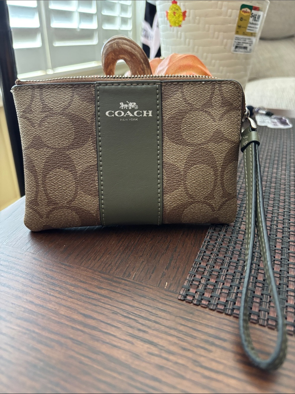 Coach Brown Signature Canvas Wristlet with Olive Leather Trim